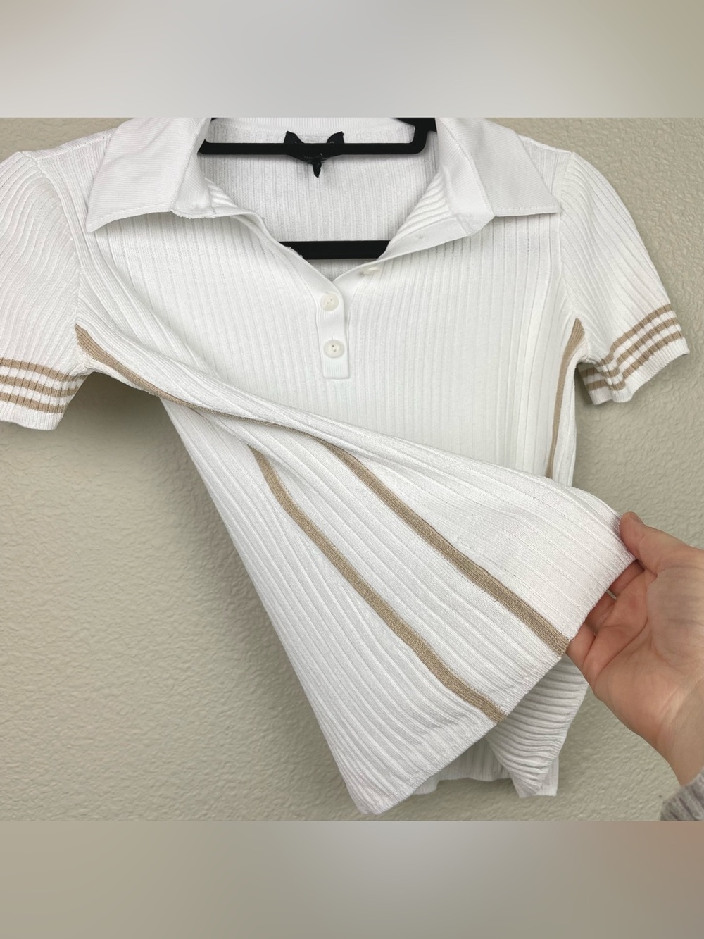 Rag & Bone Women's Small Peyton Rib Polo Top White Tan Trim Minimalist Fitted - Picture 7 of 15